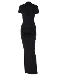 Verão 2026 Novo Vestido Feminino Sexy Deep V, Manga Curta em V Profundo, Cor Sólida, Estilo Rapariga Atraente, Vestido Comprido Plissado de uma só peça dropshipping