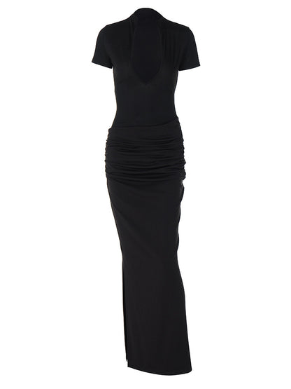 Verão 2026 Novo Vestido Feminino Sexy Deep V, Manga Curta em V Profundo, Cor Sólida, Estilo Rapariga Atraente, Vestido Comprido Plissado de uma só peça dropshipping