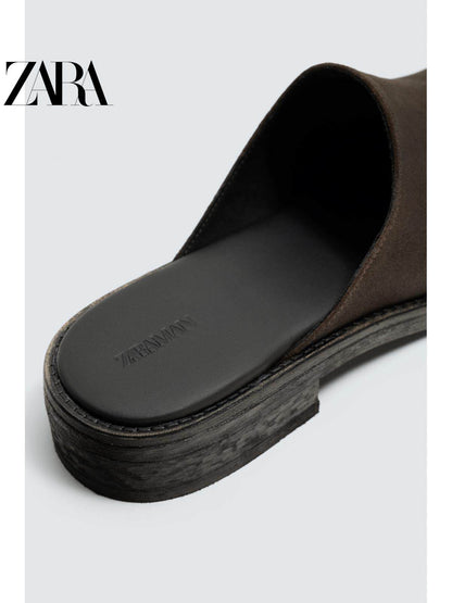 ZARA 2026 Primavera/Verão Sapatos Masculinos, Acabamento em Camurça, Bico Quadrado, Sola de Madeira, 2471720 700