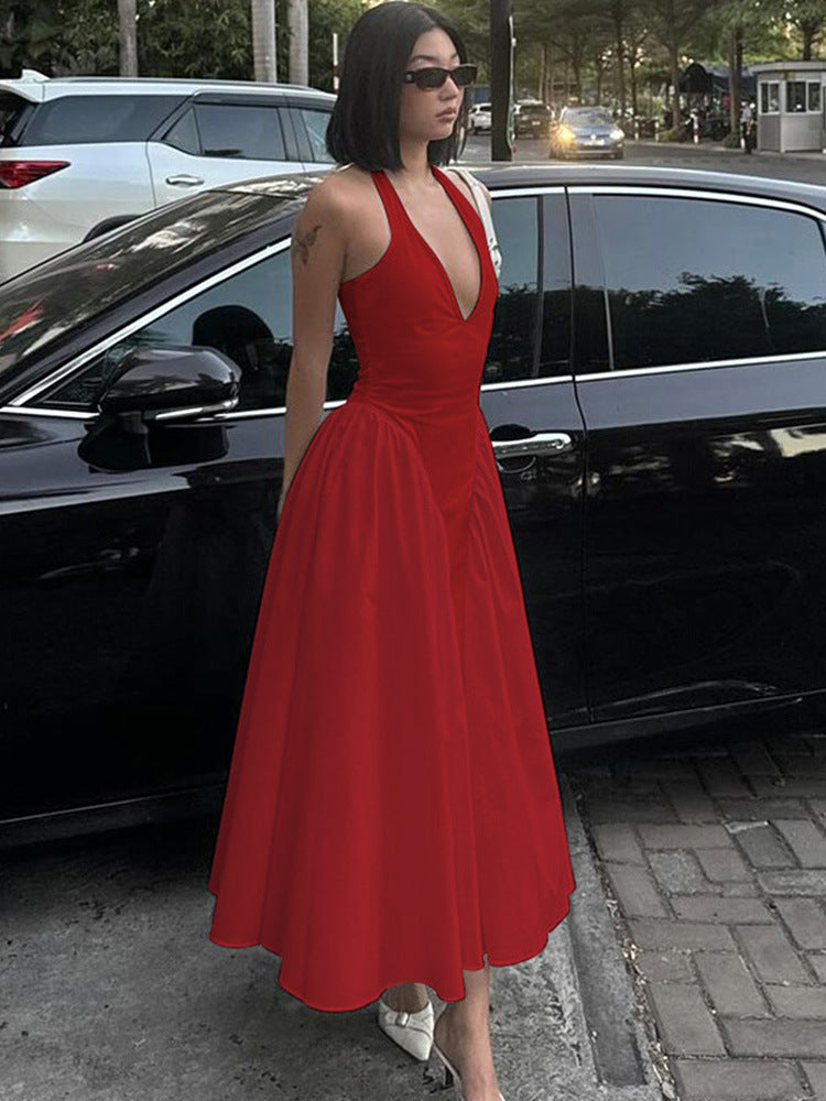 Vestido elegante e elegante para mulheres, vestido bestseller cross-fronteiriço da Amazon, de cor sólida, sexy com decote oco oco em V profundo