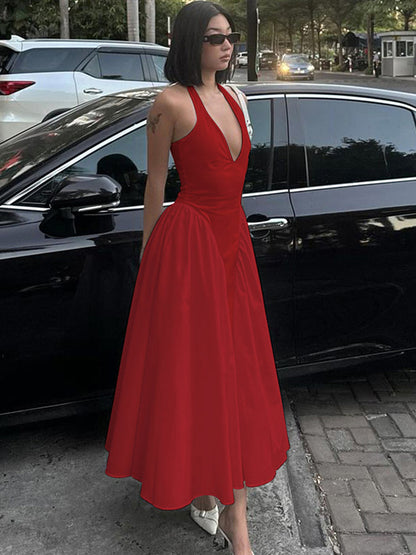 Vestido elegante e elegante para mulheres, vestido bestseller cross-fronteiriço da Amazon, de cor sólida, sexy com decote oco oco em V profundo
