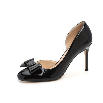 D-28 em stock em pele envernizada com laço com bico redondo e salto alto nude de corte lateral sapatos petite para mulheres pequenas com sapatos casuais casuais elegantes para deslocações
