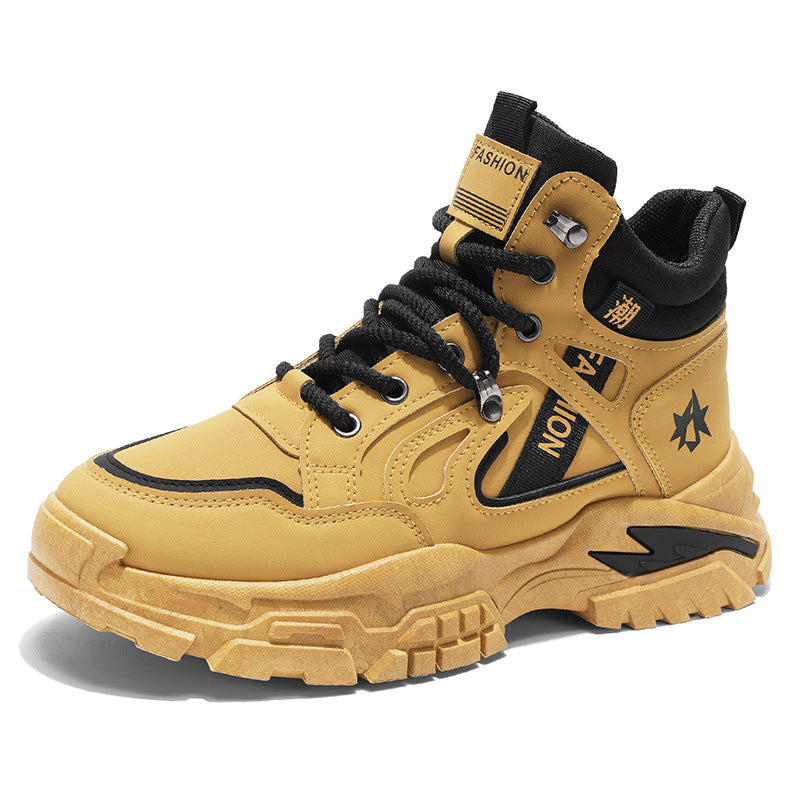 Sapatos masculinos de cano alto, botas Martin antiderrapantes em couro de outono e plataforma, botas de alpinismo ao ar livre no outono, botas de trabalho desportivo e de lazer
