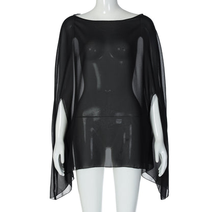 Novo top de estilo urbano transfronteiriço europeu e americano, camisola translúcida e versátil sexy para mulheres, capa de chiffon plus size