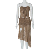 Conjunto europeu e americano de saia lápis de comprimento médio sem alças, sexy e picante de renda, transparente de renda, para mulheres