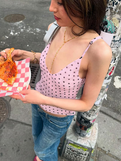 Moda feminina europeia e americana 2026 verão nova moda com estampado de bolinhas, rapariga sexy de decote em V versátil, justa e justa com camisola para mulheres