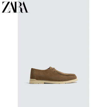 Sapatos masculinos ZARA Primavera/Verão 2026, em camurça marrom, com cadarço, modelo 2431720 700