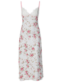 Comércio estrangeiro, nova moda transfronteiriça, europeia e americana, estampado floral, sexy com decote em V, renda, vestido longo e fresco