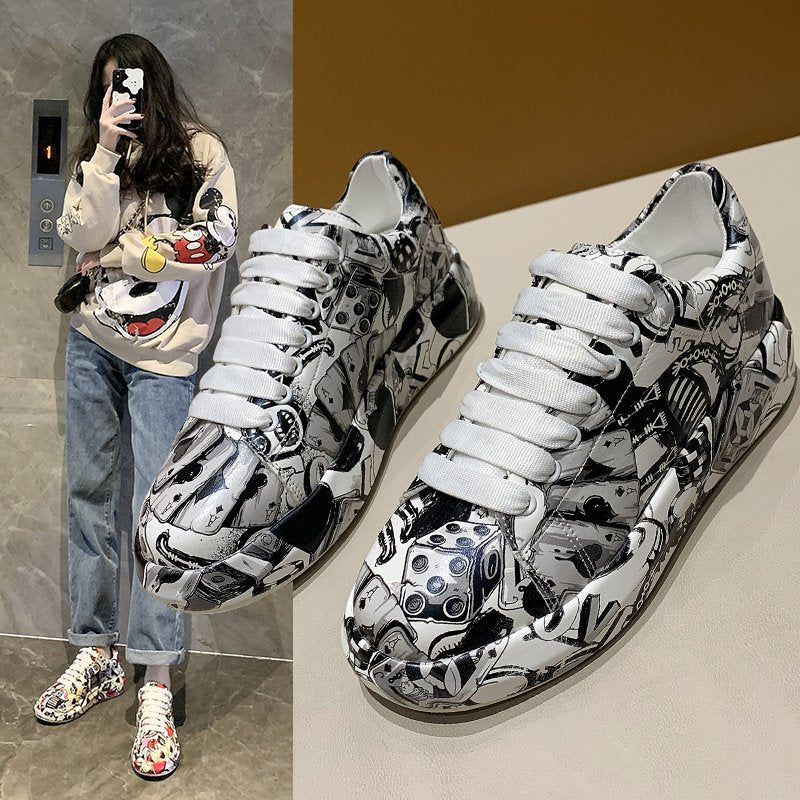 Sapatos coloridos de pai para mulheres, tendência de verão e outono Novos graffiti estampados da Amazon, sapatos casuais plus size
