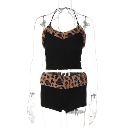 Conjunto de Novo Estilo Europeu e Americano: Alças Sem Alças Doces e Picantes que Apertam a Cintura, Calções Justos, Conjunto Feminino de Duas Peças com Estampado de Leopardo Plush