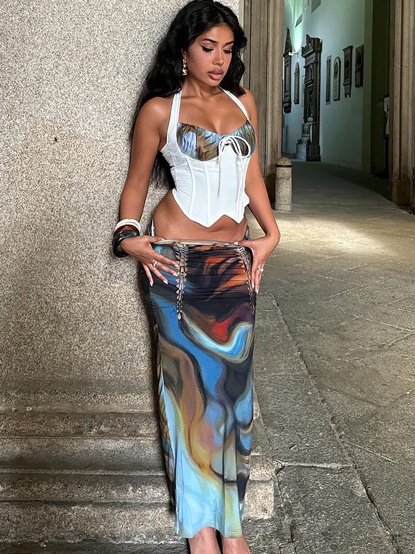 Comércio Estrangeiro Europa & América Transfronteiriça 2026 Verão Nova Tendência - Top Personalizado Plissado Slim Slim com cordão ajustado Conjunto de Saias Midi