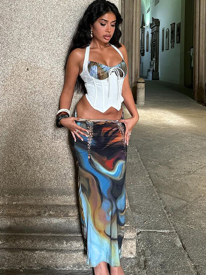 Comércio Estrangeiro Europa & América Transfronteiriça 2026 Verão Nova Tendência - Top Personalizado Plissado Slim Slim com cordão ajustado Conjunto de Saias Midi