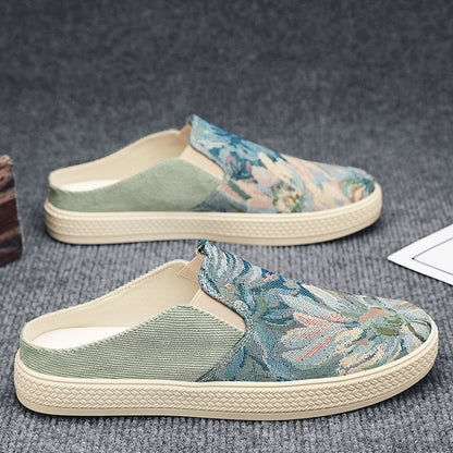 Sapatos masculinos de lona, sapatos casuais casuais respiráveis de um passo e modernos da primavera, sapatos de salto meia-drop masculinos na moda