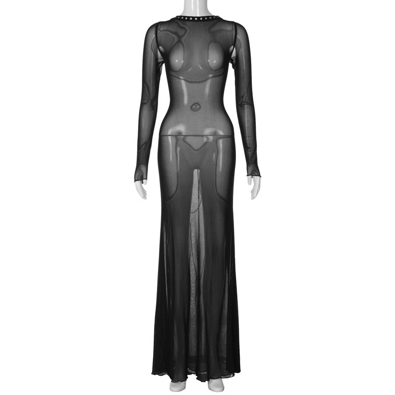 Vestido feminino novo e sexy de verão de malha sem costas, de manga comprida extra-longa, ao estilo europeu e americano, para mulheres