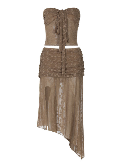 Conjunto europeu e americano de saia lápis de comprimento médio sem alças, sexy e picante de renda, transparente de renda, para mulheres