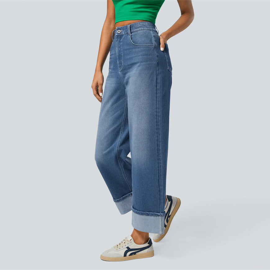 Primavera 2025 Novos Jeans de Cintura Alta Cruzada Europeu e Americano de Perna Direita com Perna Esticada e Bainha Enrolada Calças Casuais de Perna Larga para Mulher