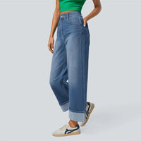Primavera 2025 Novos Jeans de Cintura Alta Cruzada Europeu e Americano de Perna Direita com Perna Esticada e Bainha Enrolada Calças Casuais de Perna Larga para Mulher