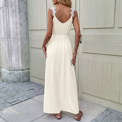 Saia Longa com alças cruzadas da Amazon, europeia e americana 2026 Novo vestido floral de verão com gravata e fenda que aperta a cintura para mulheres