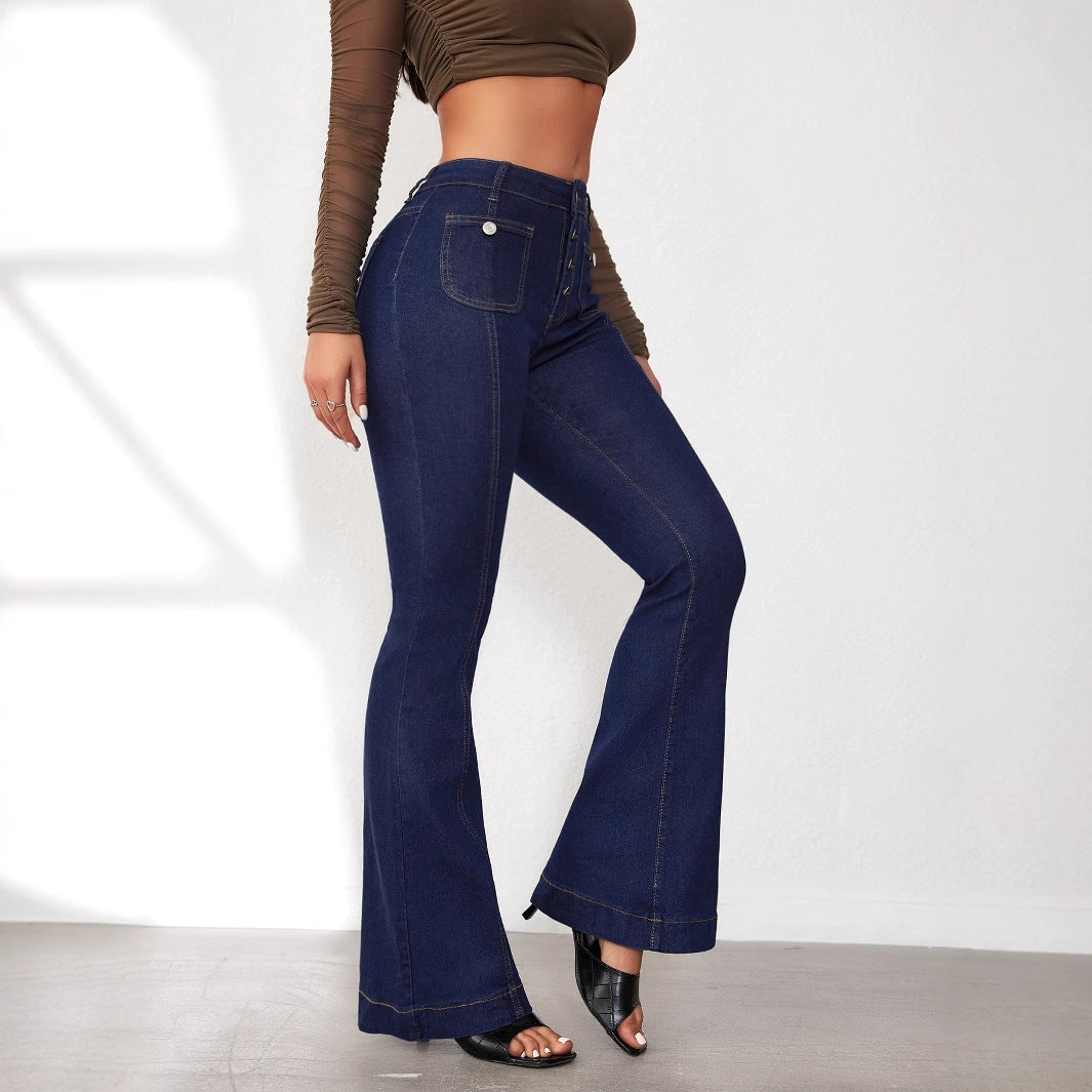 Novas Jeans Slim Slim Slim Flared da Amazon Primavera Transfronteiriça 2025 para mulher, calças compridas de cintura alta em retalhos em stock