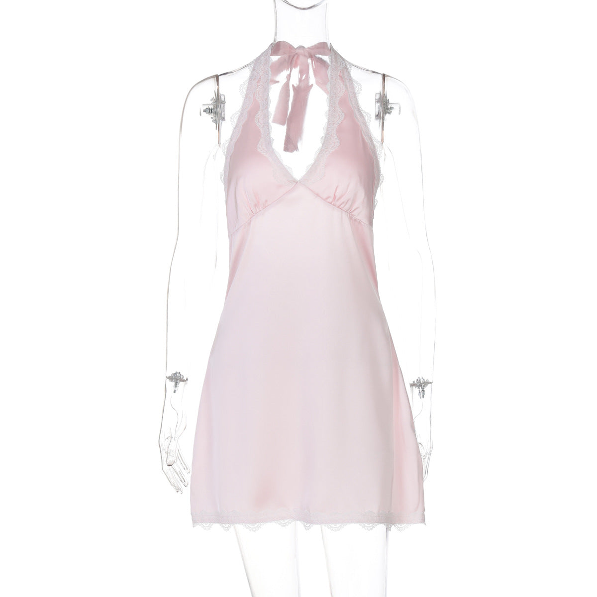 Vestido curtíssimo em reviravolta em V profundo e com renda em estilo europeu, americano e francês, sexy, oco e sem costas