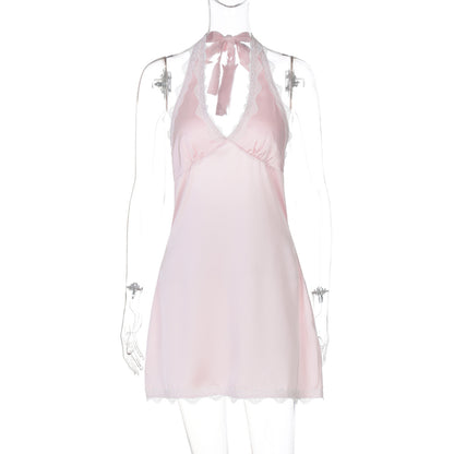 Vestido curtíssimo em reviravolta em V profundo e com renda em estilo europeu, americano e francês, sexy, oco e sem costas