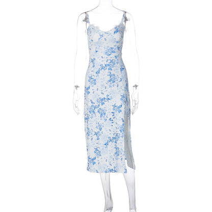 Vestido Feminino de Moda Europeia e Americana 2026 Verão Quente, Pequeno Vestido Floral Split Slit Strap Amazon Comércio Exterior Roupa Feminina por Grosso