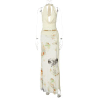 Conjunto de vestido comprido na moda feminino europeu e americano com gola cruzada, sutiã sem costas, corte justo, vestido comprido com estampado em rede e fenda
