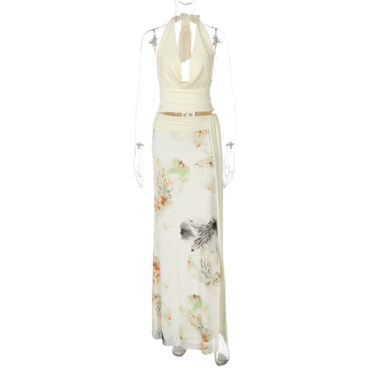 Conjunto de vestido comprido na moda feminino europeu e americano com gola cruzada, sutiã sem costas, corte justo, vestido comprido com estampado em rede e fenda