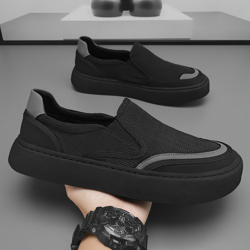 Sapatos masculinos de lona 2025 Ténis pretos finos e versáteis casuais de verão, sapatos de tecido slip-on para homem