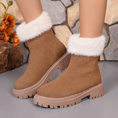 2025 Europe Station Fleece Neck Back Zipper Fleece Botas Martin Botas de Neve Curtas Quentes Femininas Edição Engrossada de Inverno