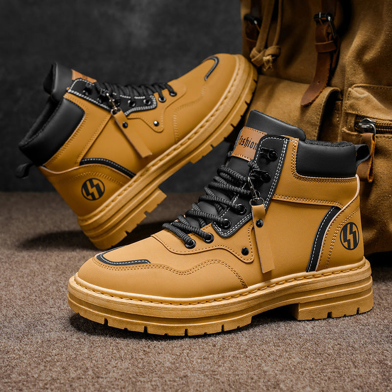 Botas Martin de Homem Roupa de trabalho de outono de estilo britânico de cano alto Botas de trabalho amarelas grandes para camisola desportiva casual masculina para caminhadas ao ar livre com sola grossa