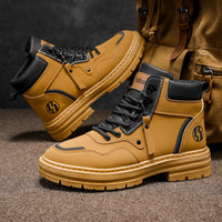 Botas Martin de Homem Roupa de trabalho de outono de estilo britânico de cano alto Botas de trabalho amarelas grandes para camisola desportiva casual masculina para caminhadas ao ar livre com sola grossa