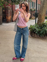 Moda feminina europeia e americana 2026 verão nova moda com estampado de bolinhas, rapariga sexy de decote em V versátil, justa e justa com camisola para mulheres