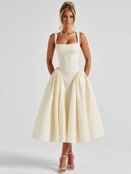 Vestido de princesa francês fresco, europeu e americano à moda que aperta a cintura, vestido slip sem costas sexy para mulheres