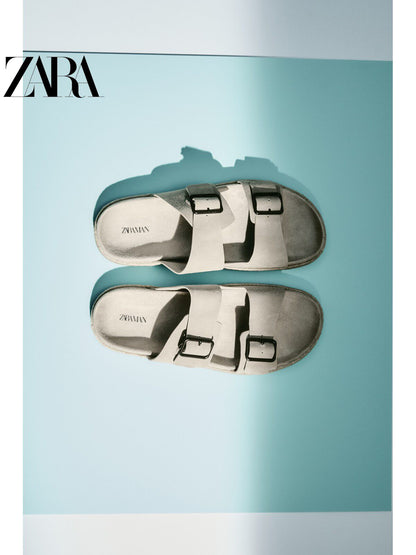 Sandálias de praia masculinas ZARA Primavera/Verão 2026 em couro com fecho de fivela dupla larga 2738720 131