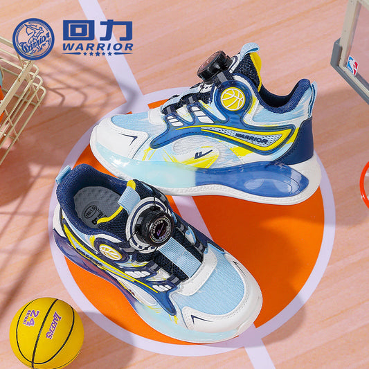 Ténis infantis de basquetebol de basquetebol Warrior color-block, puxador respirável, fácil de colocar e tirar, sapatos infantis, ténis escolares unissexo de sola grossa