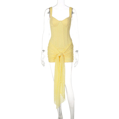 Vestido de Moda Transfronteiriço em renda Sexy com decote em V, cintura apertada na cintura, vestido com alças retalhadas e contornos de anca