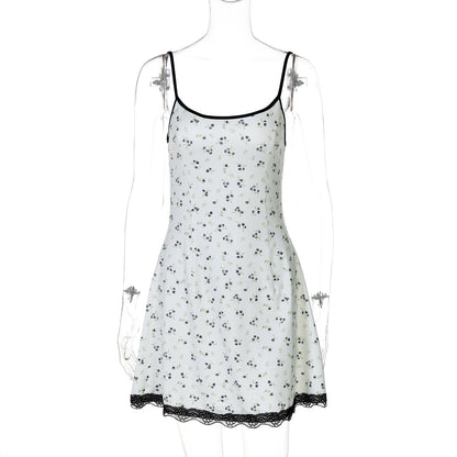 Amazon Vestido Feminino Moderno de Nova Moda Fresca Floral à beira-mar Versátil, sexy de alças curtas com borda de renda