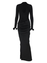 Vestido feminino novo, de manga longa, cor sólida, elegante e elegante e pregueado na moda feminino transfronteiriço e transfronteiriço