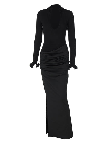 Vestido feminino novo, de manga longa, cor sólida, elegante e elegante e pregueado na moda feminino transfronteiriço e transfronteiriço