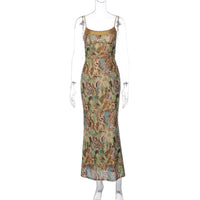 Vestido longo longo versátil com padrão de moda transfronteiriça com padrão duplo de duas camadas, vestido sexy oco, sem costas, slim fit, versátil com alças deslizantes