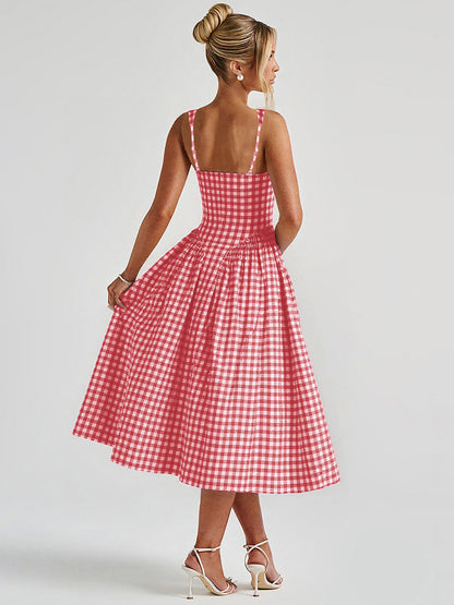 Vestido de princesa francês fresco, europeu e americano à moda que aperta a cintura, vestido slip sem costas sexy para mulheres