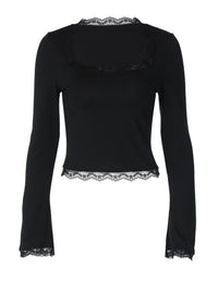 Amazon Novas camisolas femininas versáteis, com gola quadrada, gola quadrada em renda lateral e manga longa, slim-fit, na moda da Amazon, para comércio exterior