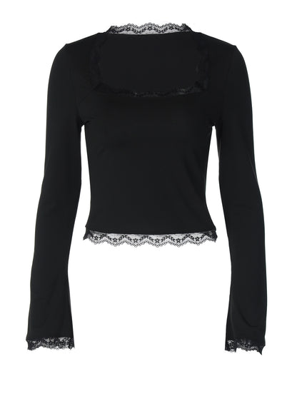 Amazon Novas camisolas femininas versáteis, com gola quadrada, gola quadrada em renda lateral e manga longa, slim-fit, na moda da Amazon, para comércio exterior