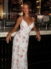 Comércio estrangeiro, nova moda transfronteiriça, europeia e americana, estampado floral, sexy com decote em V, renda, vestido longo e fresco
