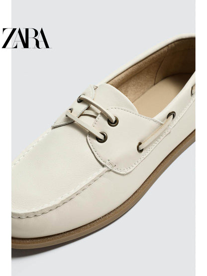 Sapatos masculinos ZARA Primavera/Verão 2026, cabedal em couro liso branco, bico redondo, estilo náutico, 2438720 001