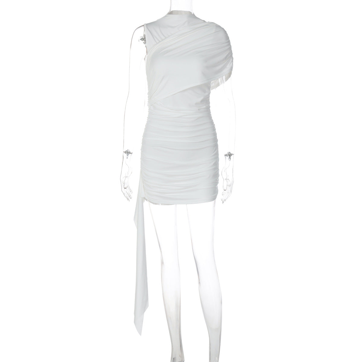 Vestido feminino europeu e americano transfronteiriço da Amazon, de cor sólida pure, gola diagonal alta, mangas plissadas, fita patchwork