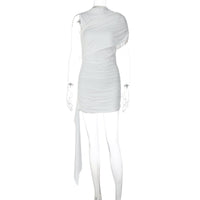 Vestido feminino europeu e americano transfronteiriço da Amazon, de cor sólida pure, gola diagonal alta, mangas plissadas, fita patchwork