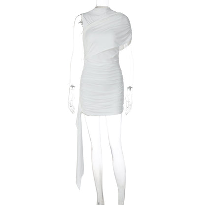 Vestido feminino europeu e americano transfronteiriço da Amazon, de cor sólida pure, gola diagonal alta, mangas plissadas, fita patchwork