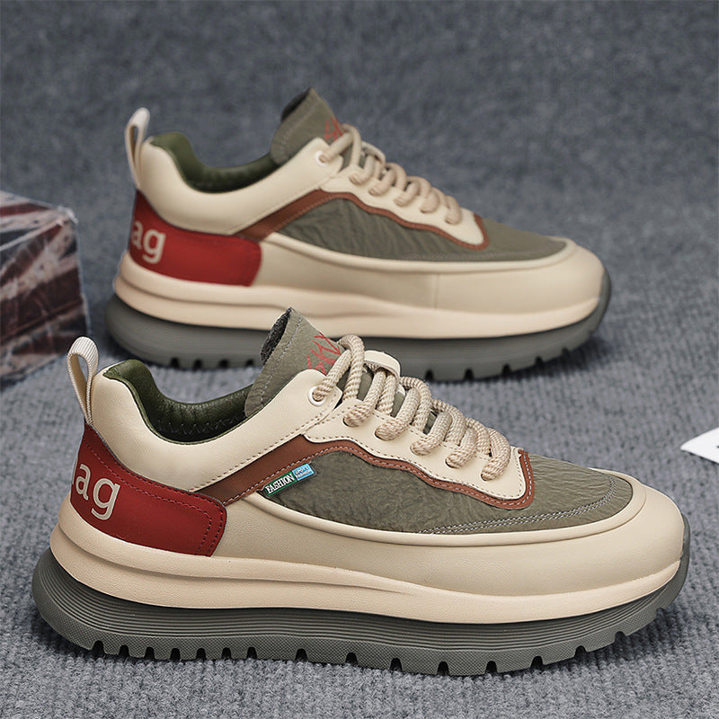 Outono 2025 Novos Sapatos Desportivos Casuais de Tabuleiro Sapatos de Pai de Sola Grossa Estilo Hong Kong Sapatos de Pão de Pele Baixo A-Gan Sapatos para Homens